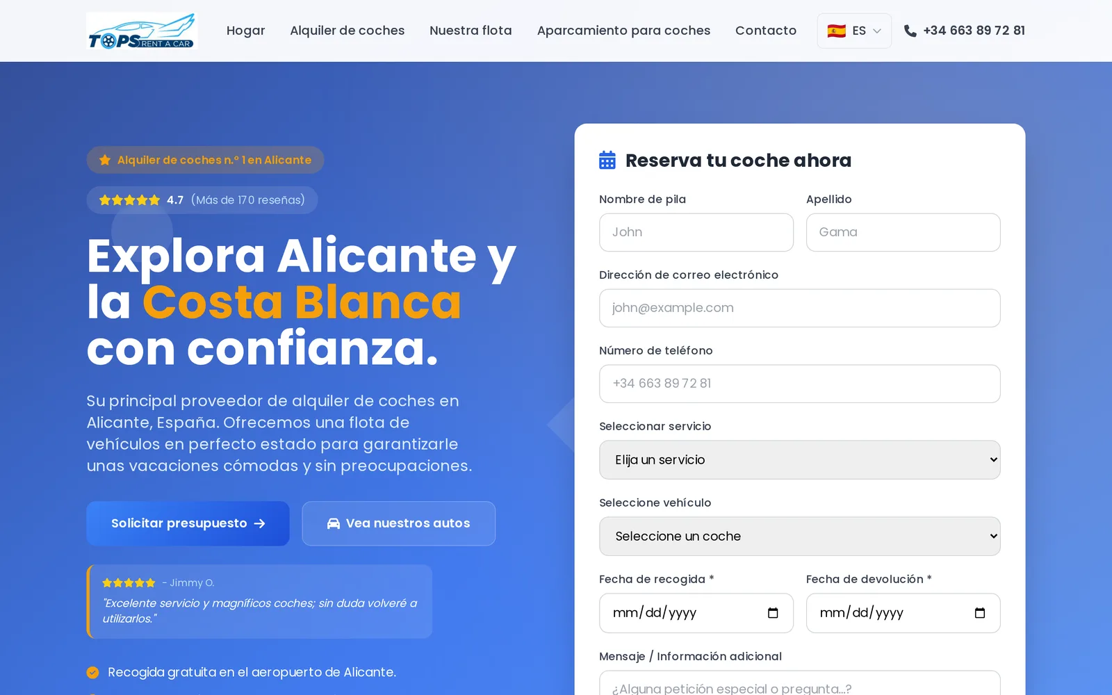 Tops Rent a Car — car rental website with live booking, Alicante